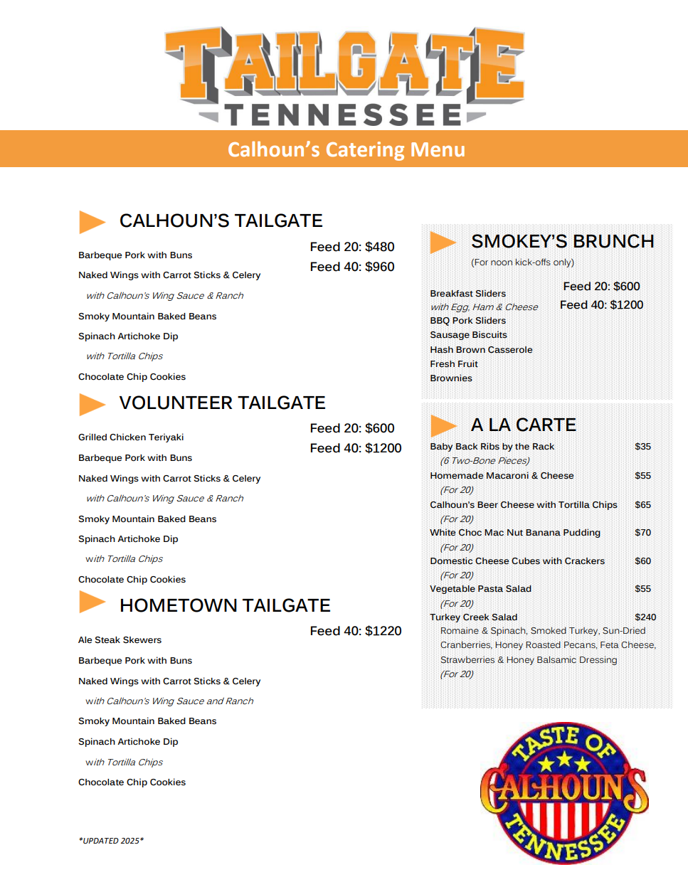 Calhoun's a La Carte Choices